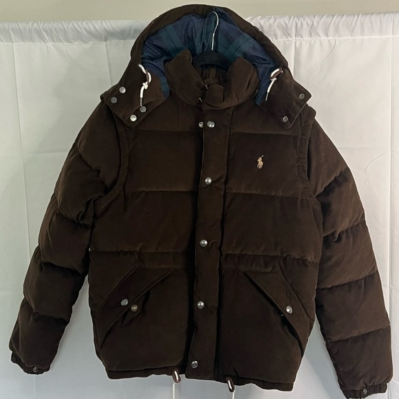 Polo Ralph Lauren Duck Down Hooded 2 in 1 Corduroy Puffer Jacket/Vest Sz M Brown - Picture 1 of 15